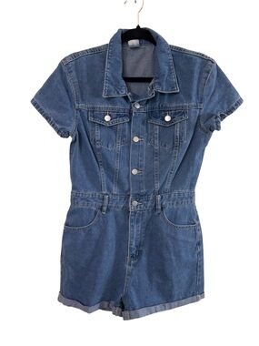 Classic Button Front Denim Short-Sleeve Romper Size M | Medium Wash Fitted Waist